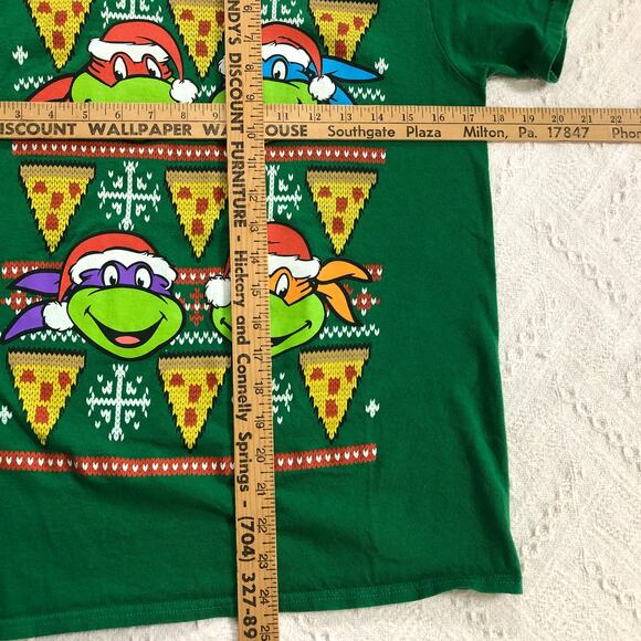 TMNT Christmas T-Shirt Ninja Turtles Small Ugly Sweater Style Graphic Tee Pizza - Picture 6 of 6